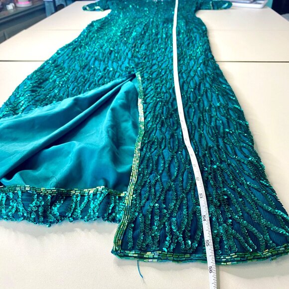 Laurence Kazar Teal Silk Sequin Short Sleeve Column Dress 80s Vintage Sz S FLAW - Picture 7 of 15